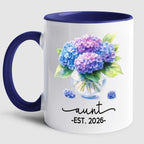 Personalized Year Name Aunt Coffee Mug Gift For Pregnancy Reveal Birthday, Customized Aunt EST 2026 Accent Cup, Hydrangea Auntie White Coffee Cup 11 15 Oz, Auntie to Be Mug Gift For Sister Besties