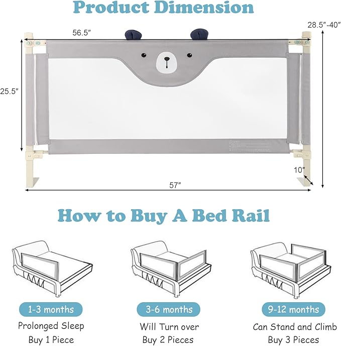 BABY JOY Bed Rail for Toddlers, 57’’ Extra Long, Height Adjustable & Folding Baby Bed Rail Guard w/Breathable Mesh & Double Safety Child Lock for Kids Twin Double Full Size Queen King Mattress (Gray)
