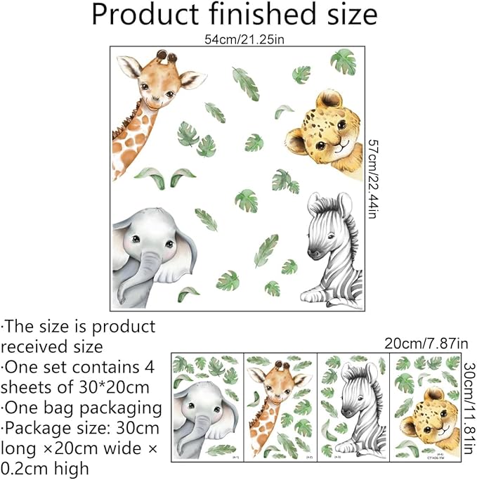 22.44 x 21.25 Inch Watercolor Jungle Animal Window Clings Tiger Lion Elephant Zebra Window Stickers Double-Side Safari Animal Window Stickers for Baby Nursery Playroom Bedroom Window Glass Wall Decor