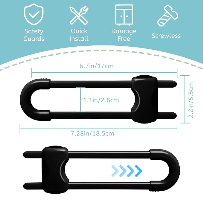 Baby Proofing Cabinets, Sliding Cabinet Locks for Babies, Adjustable U Shaped Baby Safety Locks, Childproof Cabinet Latch for Kitchen, Bathroom, Drawer, Cupboard Doors Knobs & Handles (6 Pack Black)