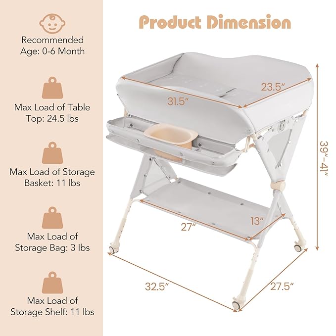 INFANS Baby Changing Table with Wheels, Portable Folding Diaper Station Nursery Organizer with Storage Basket, Hanging Rack, Adjustable Height, Safety Belt for Newborn Infant (Light Gray)