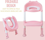 Potty Training Toilet Chair Seat with Step Stool Ladder for Kids and Toddler Boys Girls - Foldable Height Adjustable Children Toilet Training Seat with Safe Handles & Anti-Slip Pads, White-Pink