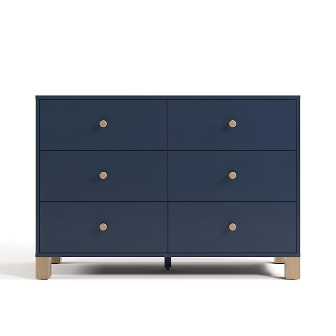 Storkcraft California 6 Drawer Double Dresser (Midnight Blue with Driftwood) – GREENGUARD Gold Certified, Spacious Storage Organizer for Kids’ Room, Safety Interlocking Drawer System
