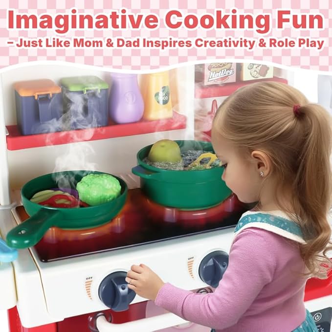 Kids Pretend Kitchen Playset with Electronic Stove, Steam & LED Lights – Interactive Toddler Kitchen Toy with Working Sink, Play Food & Accessories for Girls & Boys 3–8 Years (Red)