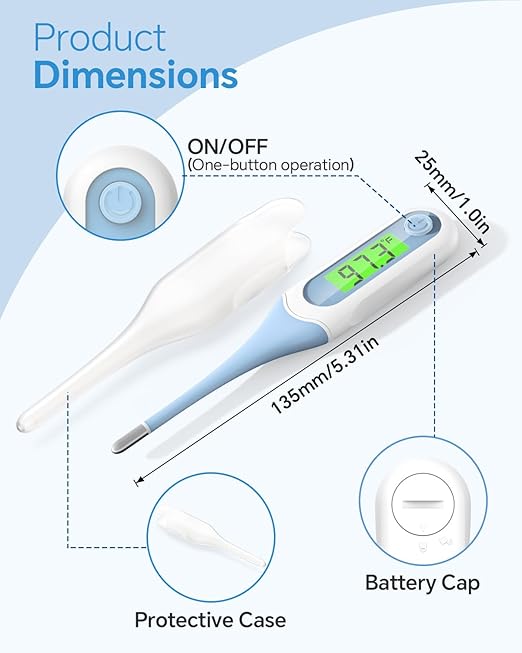 Oral Thermometer with 8s Fast Reading, 3 Colors Backlit, Fever Alert, High Accuracy Medical Basal Thermometer for Adults and Kids, Baby Digital Thermometer for Oral, Rectal, Armpit(Blue)