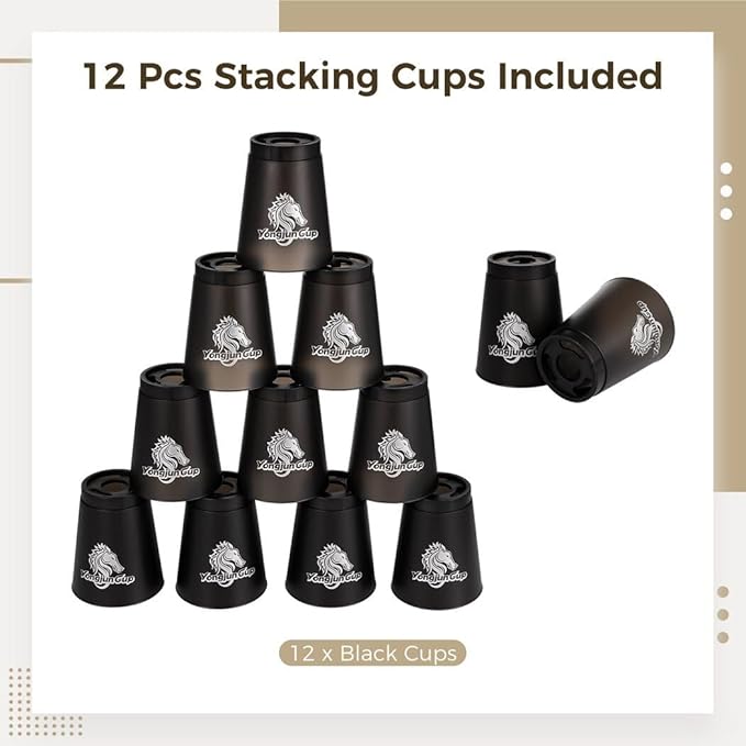 yeesport 12 Pcs Sport Stacking Cups, Sport Training Game for Challenge Competition, Plastic Stacking Cups, Classic Family Game for Kids and Adults, Black