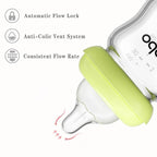 YOHKOH Natural Glass Baby Bottle with Natural Response Nipple, Newborn Anti-Colic Baby Bottles, Wide Neck Mushroom Cap Baby Bottle, Clear (Green, 3.4oz (Pack of 2))