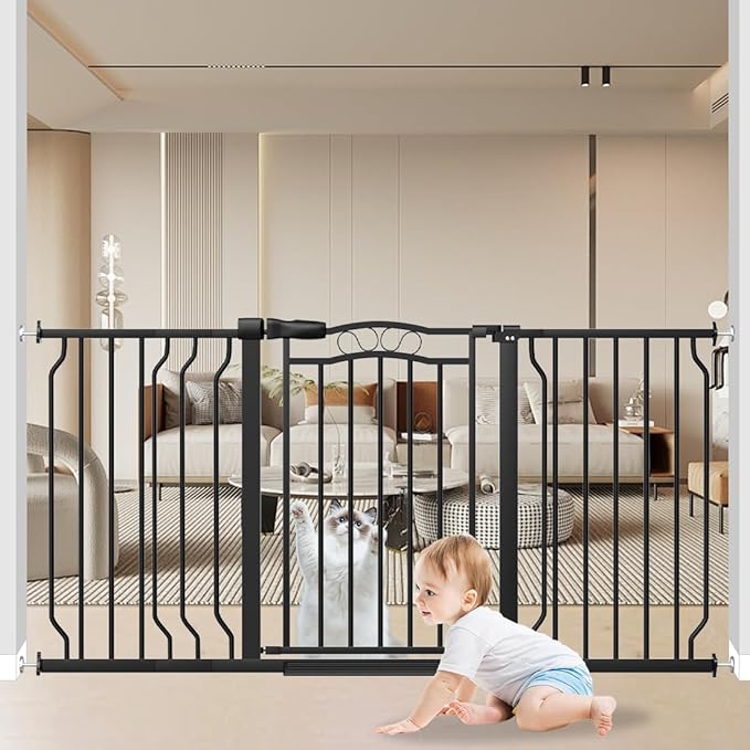 53.1-62.5 Inch Extra Wide Baby Gate, Pressure Mounted Dog Gate Indoor, Walk Thru Pet Gate for Cat Dog Child,Pet Gates for The House Doorway Black
