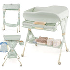 INFANS Baby Changing Table with Wheels, Portable Folding Diaper Station Nursery Organizer with Storage Basket, Hanging Rack, Adjustable Height, Safety Belt for Newborn Infant (Green)