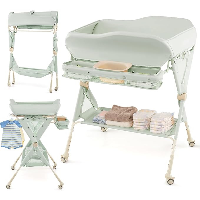 INFANS Baby Changing Table with Wheels, Portable Folding Diaper Station Nursery Organizer with Storage Basket, Hanging Rack, Adjustable Height, Safety Belt for Newborn Infant (Green)