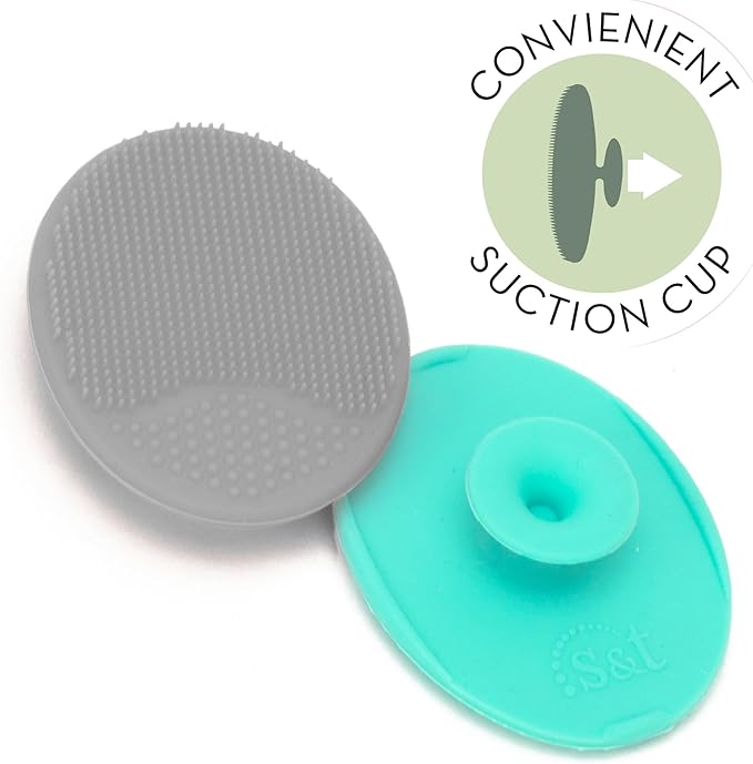 S&T INC. Exfoliating and Massaging Cradle Cap Bath Brushes for Baby, Silicone - 2 Inch x 2.5 Inch, Grey and Teal, 2 Pack