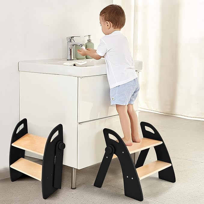 Wooden 2 Step Stool for Kids Bathroom Sink Foldable Anti-Slip 2-Step for Toilet Potty Training, Child Stepping Stool for Kitchen Nursery Bedroom, Sturdy Non Slip Adult Stool for Closet Black