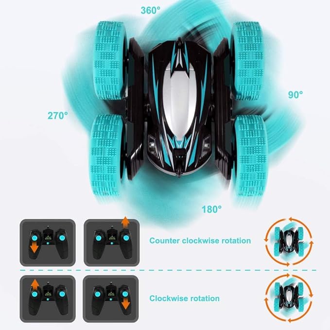 Remote Control Car: Double Sided 360°Rotating 4WD RC Cars 2.4GHz Electric Race Stunt Toy Car Rechargeable Toy Cars for 6 7 8 9 10 11 12 Year Old Boys Girls Kids Christmas Birthday Gifts Cyan