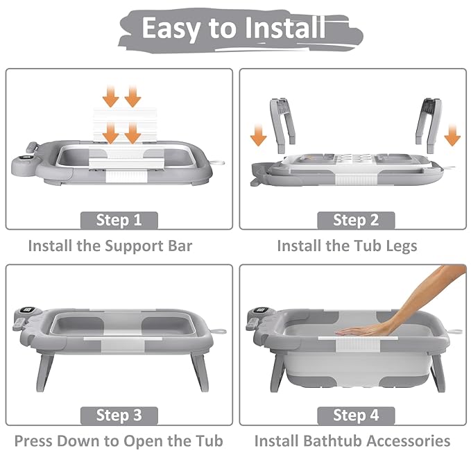 Collapsible Baby Bath Tub for Newborn to Toddler with Floating Cushion for Bath Support, Portable Baby Bath Tub with Real-Time Temperature Monitor, Baby Bath Essentials, Gray