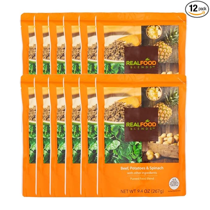 Real Food Blends Beef, Potatoes & Spinach - Pureed Food Meals for Tube Feeding with Protein, Vegetables & Fruits - 330 Calories for Lunch & Dinner - 9.4 oz (Pack of 12)
