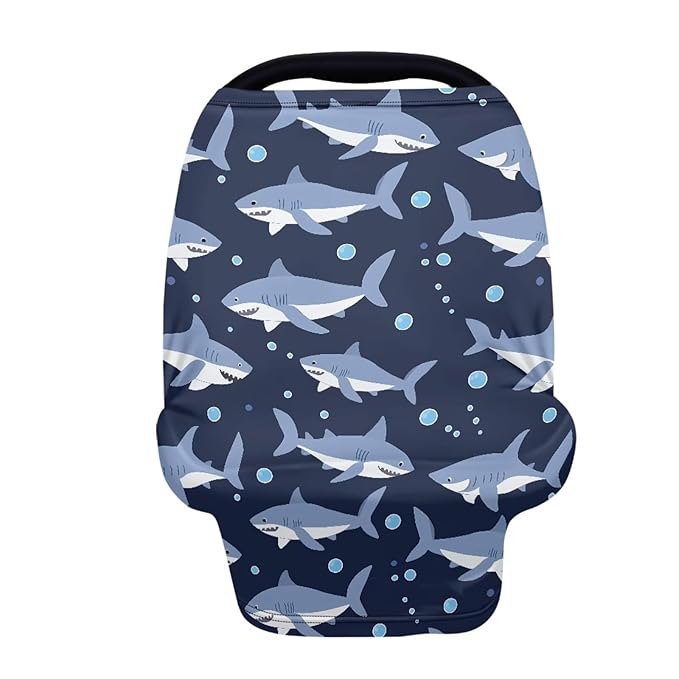 Binienty Cartoon Shark Print Car Seat Canopies for Baby Boys Girls, Women's Light Soft Nursing Cover Breastfeeding Scarf Breathable Stroller Cover for Sun and Windy