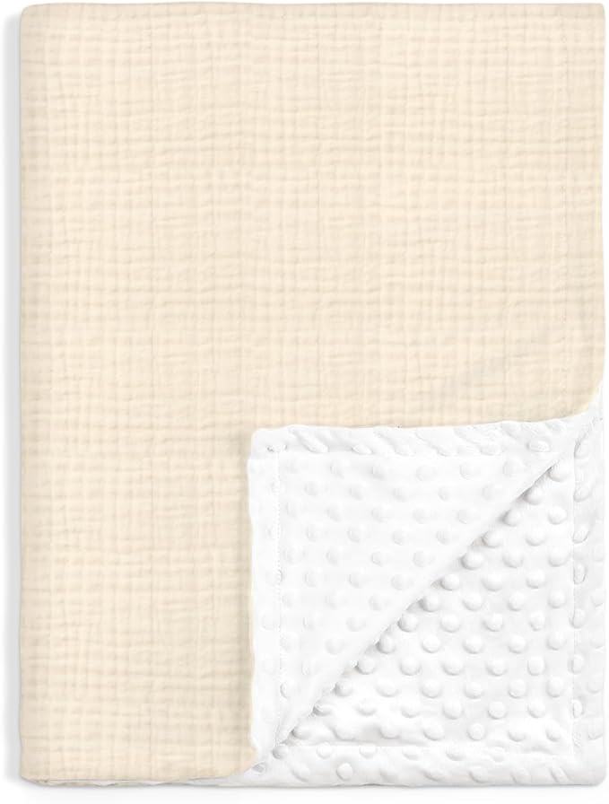 Baby Blankets for Boys Girls, Soft Nursery Minky Blankets with Muslin and Dotted Fleece Back 30x40 inches, Receiving Bed Quilt for Newborn, Infants, Toddlers (Beige)