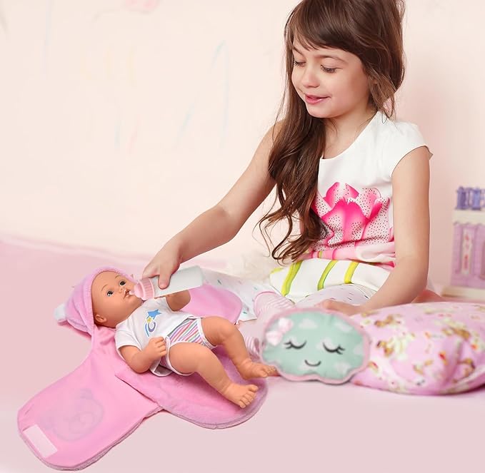 Gift Boutique Newborn 12" Baby Doll Girl With Swaddle Blanket & Accessories - Realistic Doll With Disappearing Milk Bottle, Clothes, Pink Cuddly Blanket - First Pretend Playset Toy for Girls