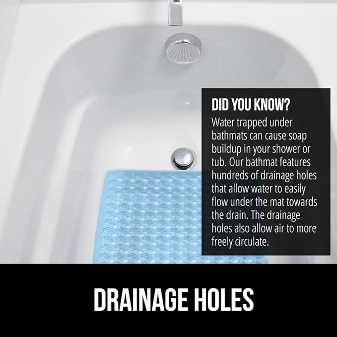 GORILLA GRIP Patented Bath Tub Shower Mat, Machine Washable Bathtub Floor Liner Mats, Suction Cups and Drain Holes to Keep Tubs Clean, Soft on Feet, Bathroom Essentials, 35x16 Inch, Clear Blue