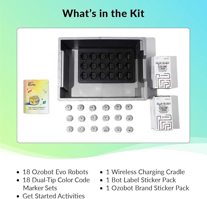 Evo Classroom Kit (18 Bots): Interactive Coding Robot, Kids Ages 5+, Includes 18 Evo Robots, Color Code Markers, Charging Cradle, Bot Stickers, Access to 700+ STEAM Lessons, Educators & Parents