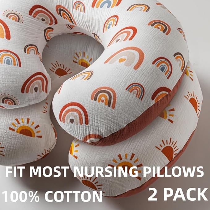 2 Pack Muslin Nursing Pillow Cover 100% Cotton Boho Neutral Stretchy Removable Baby Nursing Covers for Breastfeeding Pillows Soft Breathable Pillow Slipcover for Newborn Baby Boy or Girl (Boho)