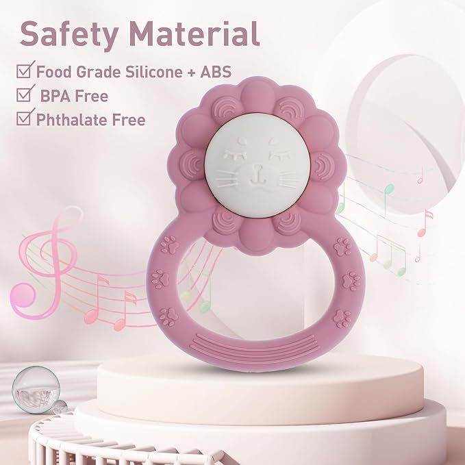Rattle Teether, Lion Shape Montessori Baby Sensory Teething Toys, Food Grade Silicone BPA Free, Newborn Essentials Must Haves (Shifting Sand Dusty Lilac)