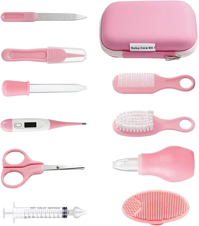 PandaEar Baby Healthcare and Grooming Kit, Baby Safety Set Baby Comb, Brush, Finger Toothbrush, Nail Clippers, Scissors, Nasal Aspirator, Baby Essentials Nursery Care Kit (13-in-1 Pink)