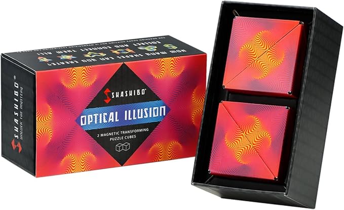 SHASHIBO Shape Shifting Box - Award-Winning, Patented Fidget Cube w/ 36 Rare Earth Magnets - Transforms Into Over 70 Shapes, Gift Box, Download Fun in Motion Toys Mobile App (Optical Illusion, 2 pack)