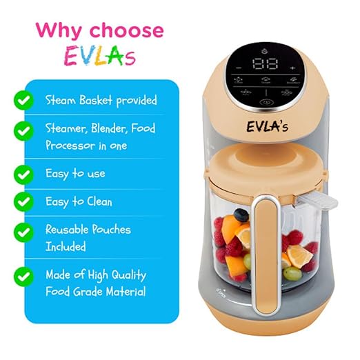 EVLA'S Baby Food Maker, Steamer, Blender, Baby Food Processor for Healthy Homemade Baby Food in Minutes, Touch Screen with 6 Reusable Food Pouches, Baby Registry Essential, Peach