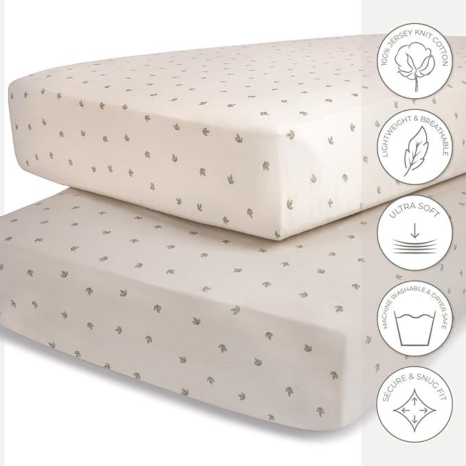 Ely’s & Co. Crib Sheets Baby Girl/Boy Fitted Crib Mattress Sheet Set, 2 Pack, 100% Jersey Knit Cotton, Infant and Toddler Nursery Bedding, Neutral Taupe and Cream with Sage Vintage Print, 28” x 52”