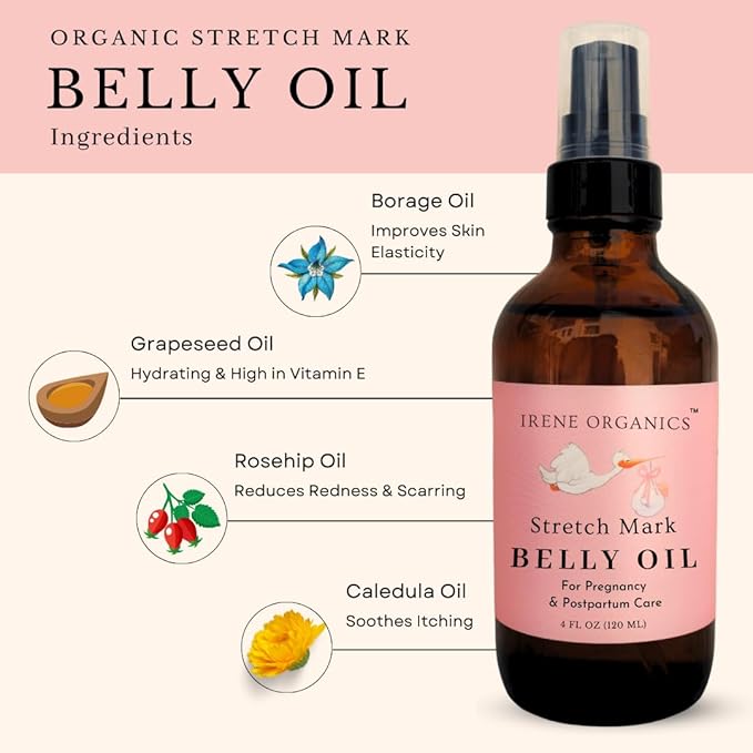 Irene Organics Organic Belly Oil for Pregnancy Stretch Mark Prevention and Treatment Award Winning Anti Stretch Mark Tummy Oil For Pregnancy and Postpartum - Hydrating Bump Serum