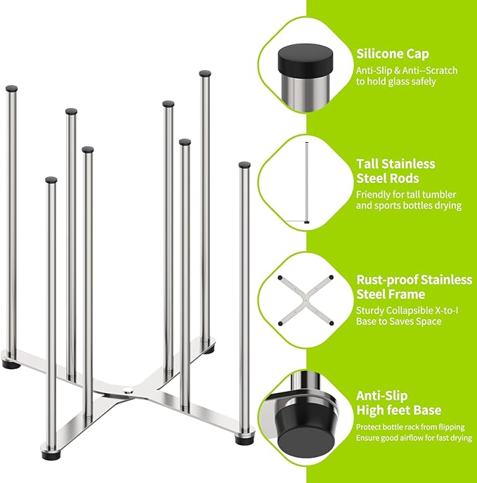 Reusable Bag & Bottle Drying Rack, Baby Bottle Drying Rack, Collapsible Cup Drying Rack for Glass, Mugs -Stainless Steel Countertop Organizer