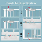 WAOWAO Triple Lock Baby Gate Extra Wide 72.04-76.77" Pressure Mounted Walk Through Swing Auto Close Safety White Metal Dog Pet Puppy for Stairs,Doorways,Kitchen