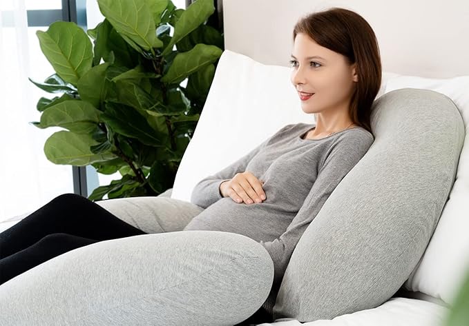 INSEN Pregnancy Pillow for Sleeping, Maternity Pillow with Jersey Cotton Cover,C Shaped Body Pillow for Pregnant Women(Grey Jersey)