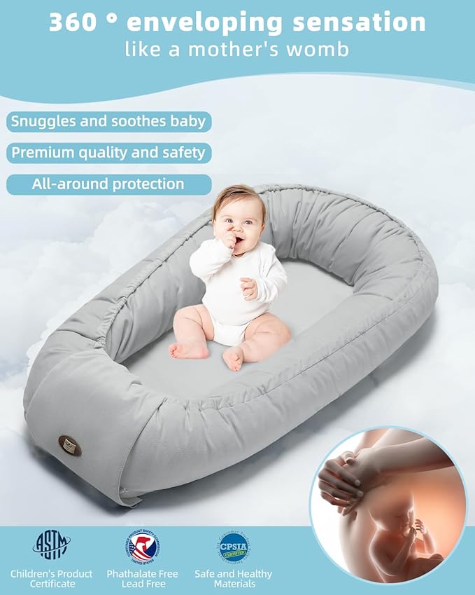 Baby Lounger for Newborn 0-24 Months, Breathable & Soft Infant Lounger, Adjustable Tummy Time Lounger for Home and Travel, Baby Girls & Boys Newborn Babies Essentials Stuff, Grey