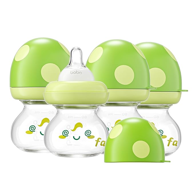 YOHKOH Newborn Glass Baby Bottles with Slow Flow Nipple for 0+ Months, Wide Neck Feeding Bottle, 2.7oz/80ml (Green, 2.7oz (Pack of 4))