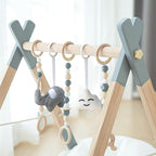 Wooden Foldable Baby Play Gym Frame Activity Hanging Bar With 5 Toys - Natural for Newborn (Grey)