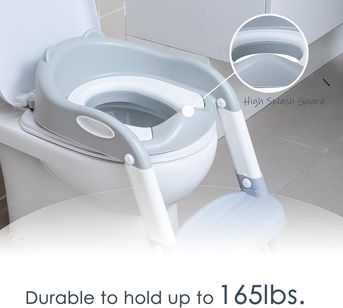 Potty Training Toilet Chair Seat with Step Stool Ladder for Kids and Toddler Boys Girls - Foldable Height Adjustable Children Toilet Training Seat with Safe Handles & Anti-Slip Pads, White-Grey
