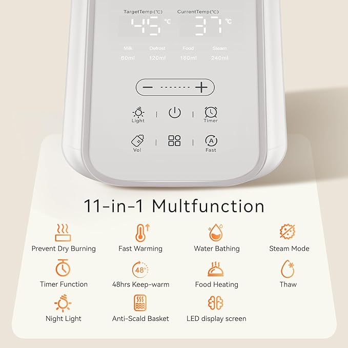 Baby Bottle Warmer for Breast Milk with Timer & Night Light, 11-in-1 Milk Warmer for Baby Bottles, 48H Keep Warm, BPA-Free Fast Heating with Adjustable Temperature for Glass/PPSU Bottles