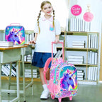 gxtvo Girls Rolling Backpack, Cute Unicorn Roller Wheels Kids Bookbag - Wheeled Elementary School Bag - 3PCS Unicorn
