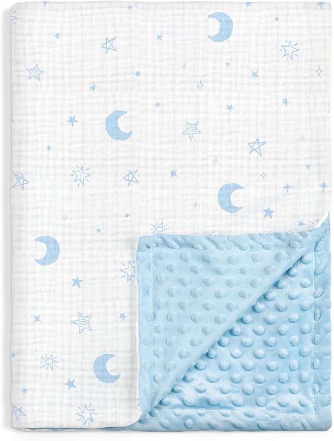 Star Moon Baby Blankets for Boys Girls, Soft Nursery Minky Blankets with Muslin and Dotted Fleece Back 30x40 inches, Receiving Bed Quilt for Newborn, Infants, Toddlers