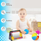 Montessori Toys for Babies 0-6 Months,7 in 1 Newborn Toys Baby Gifts Set Early Learning Toys with Black & White Baby Flashcards,Tummy Time Mirror,Baby Rattle,Sensory Balls,Tissue Box Toys,Rain Stick