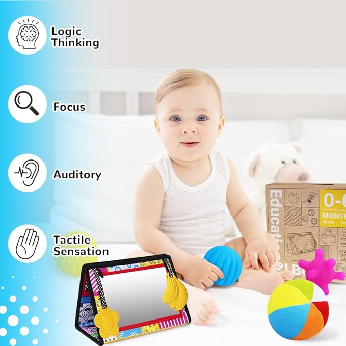 Montessori Toys for Babies 0-6 Months,7 in 1 Newborn Toys Baby Gifts Set Early Learning Toys with Black & White Baby Flashcards,Tummy Time Mirror,Baby Rattle,Sensory Balls,Tissue Box Toys,Rain Stick