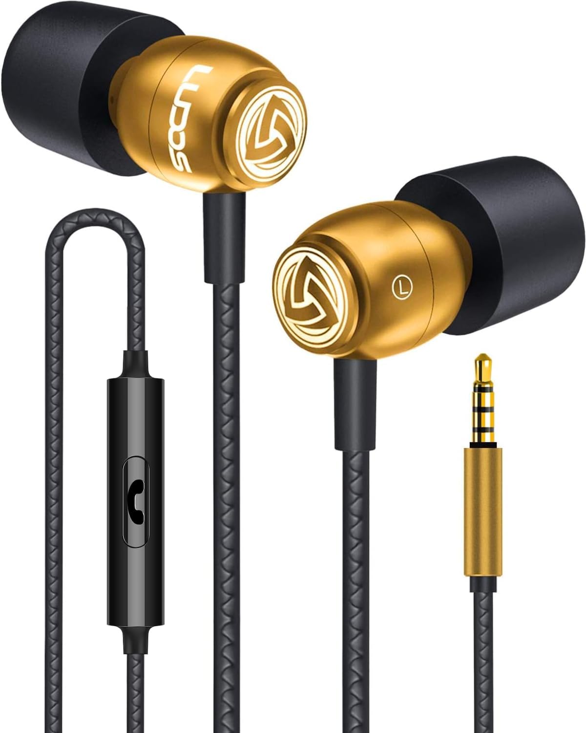 LUDOS Clamor Wired Earbuds in-Ear Headphones, 5 Years Warranty, Earphones with Microphone, Noise Isolating Ear Buds, Memory Foam for iPhone, Samsung, School Students, Kids, Women, Small Ears - Gold