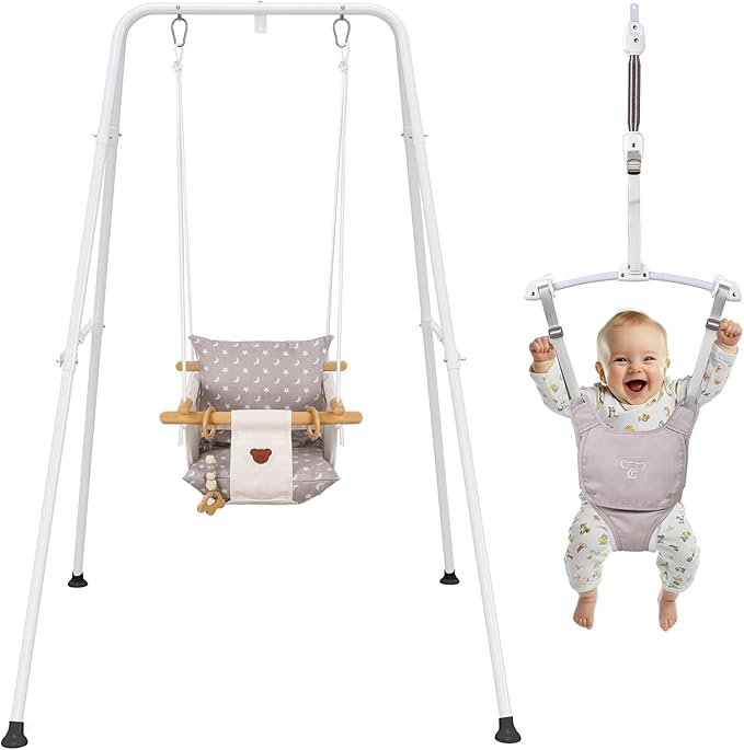 2 in 1 Baby Jumper & Swing, Baby Jumper for Indoor and Outdoor Use, Toddler Swing with Foldable Stand, Stable Bouncer Jumper（White）
