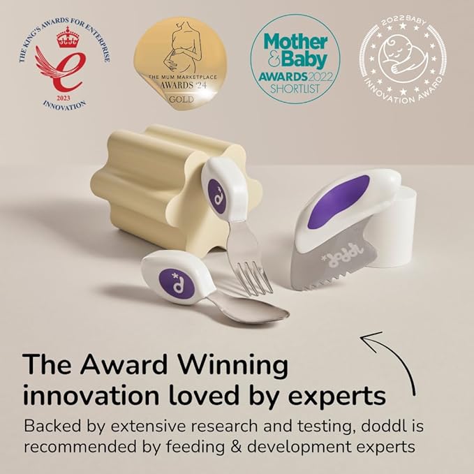 doddl Toddler Utensils, Ergonomic Fork Spoon and Knife Set for Self Feeding, Stainless Steel Silverware for 1-3 Year Olds, BPA Free, Dishwasher Safe (Indigo)