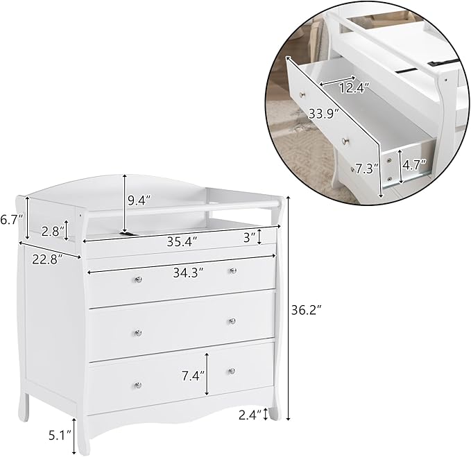 3-Drawer Changing Table, Safety Rails & Strap, Infant Diaper Changing Station with Drawers, Baby Diaper Changing Table Dresser for Nursery, Easy Assembly (White)