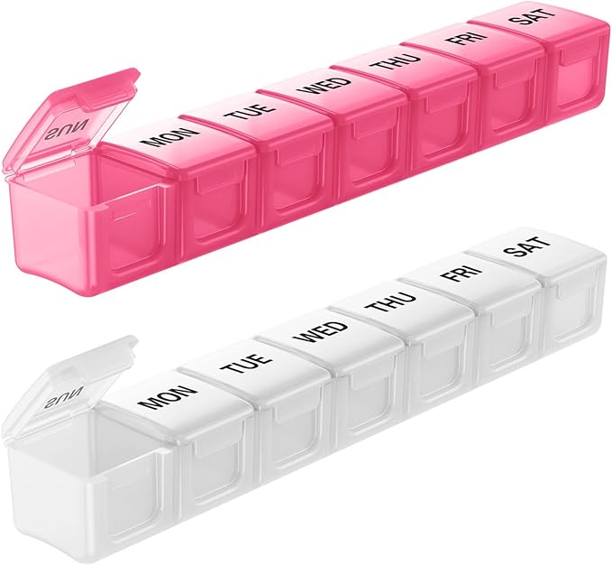 BUG HULL Weekly Pill Organizer Large 2 Packs, Extra Large Travel Pill Organizers, Pill Box 7 Day, Travel Pill Case, Medicine Pill Organizer for Vitamins, Supplements and Medications (White+Pink)