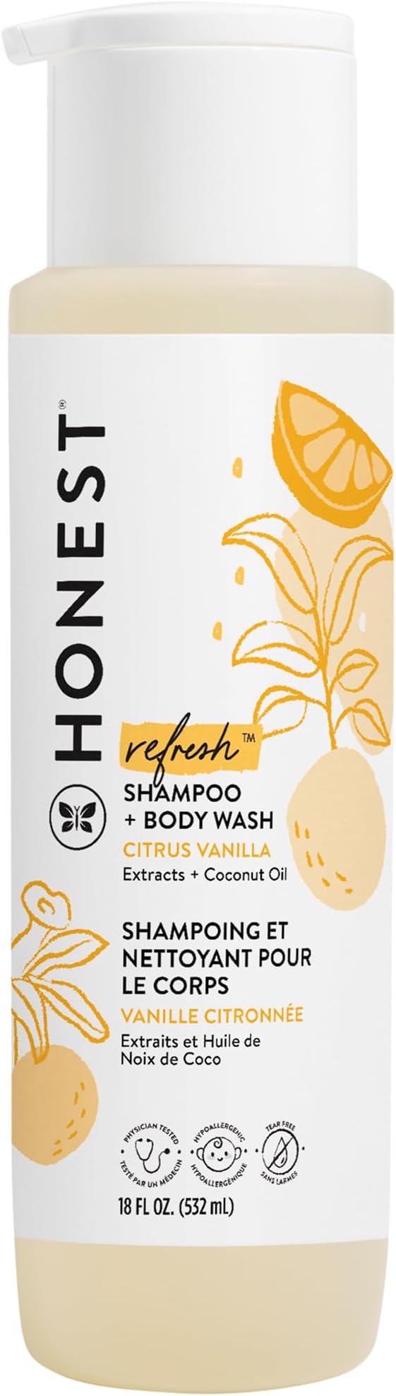 The Honest Company 2-in-1 Cleansing Shampoo Body Wash Gentle for Baby Naturally Derived Tear-free Hypoallergenic Citrus Vanilla Refresh 18 fl oz