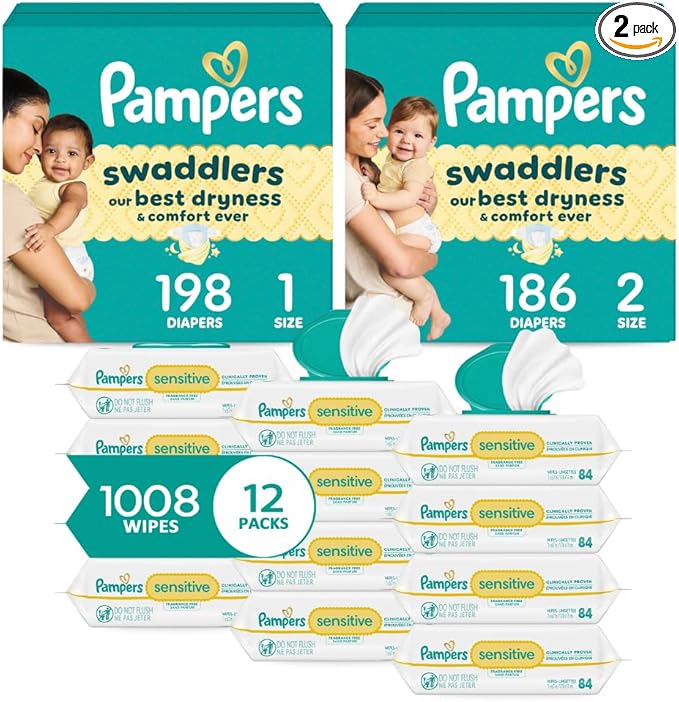 Pampers Baby Diapers and Wipes Starter Kit, Swaddlers Disposable Sizes 1 (198 Count) & 2 (186 Count) with Sensitive Water Based 12X Multi Pack Pop-Top Refill (1008 Count)